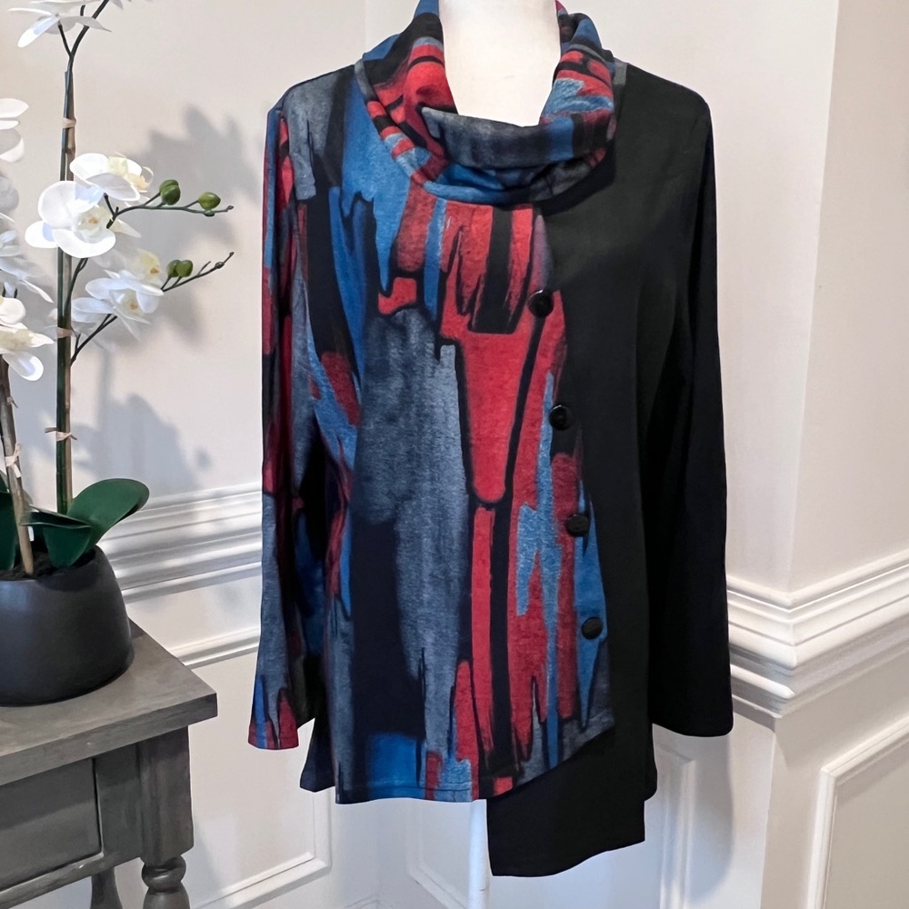 NWT Radzoli Multicolor Asymmetrical Hem Cowel Neck Lightweight Knit Tunic XL